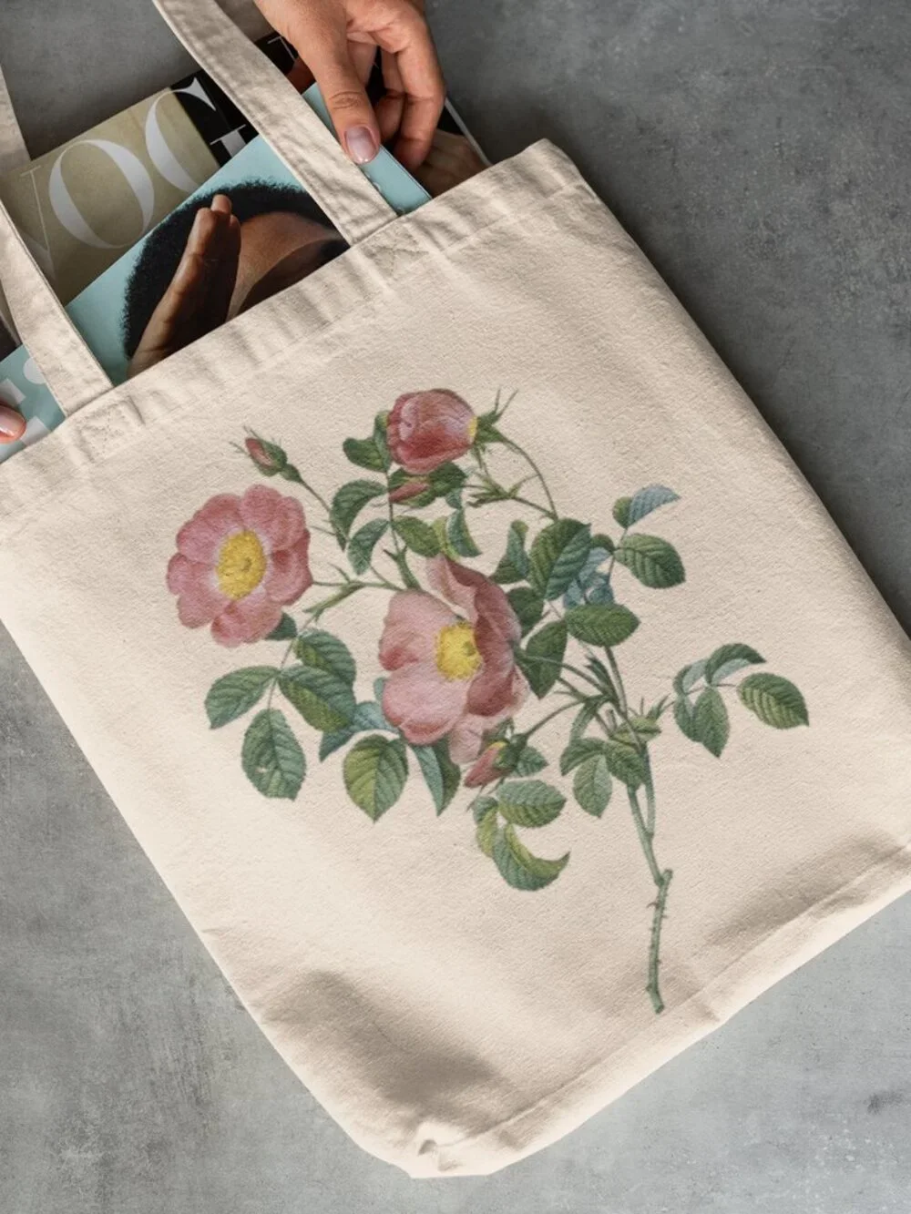 Rosier Vintage Floral Print Graphic Canvas Tote Bag